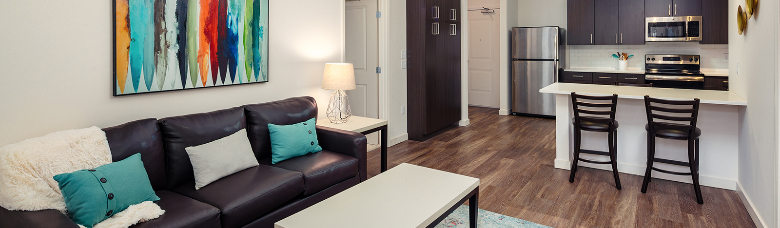 Furnished apartment living room and kitchen